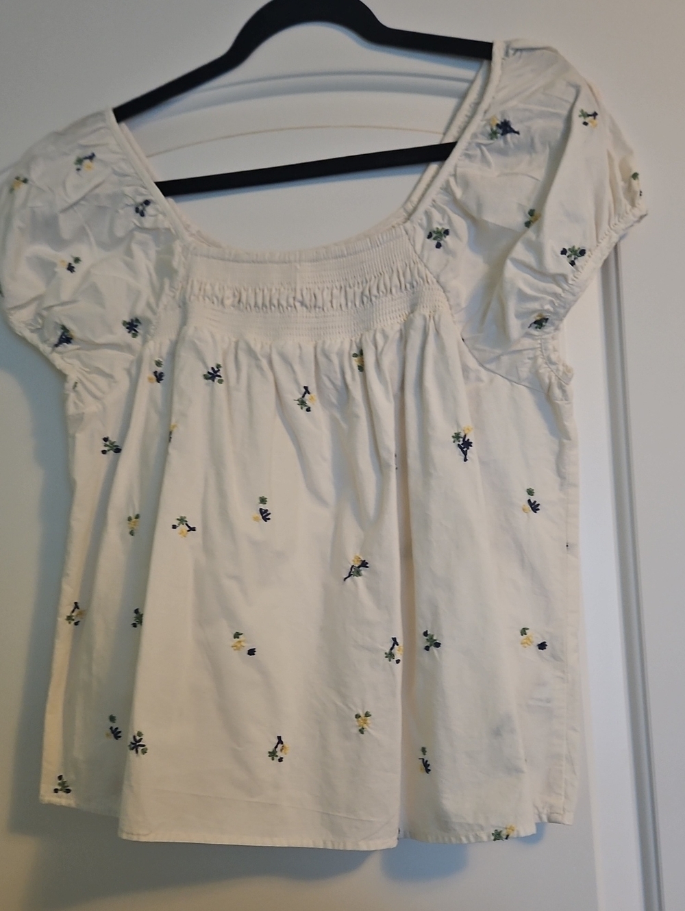 Universal Thread Cream Short-Sleeve Smocked Yoke Top with Floral Embroidery